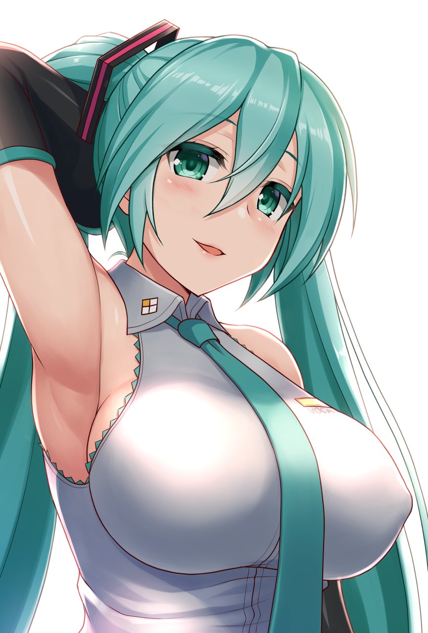 1girl aqua_eyes aqua_hair aqua_neckwear arm_up armpits backlighting blush breasts collared_shirt commentary covered_nipples detached_sleeves eyebrows_visible_through_hair grey_shirt hair_between_eyes half_updo hatsune_miku highres hormone_koijirou large_breasts lips long_hair looking_at_viewer necktie open_mouth shirt sideboob simple_background smile solo twintails upper_body vocaloid white_background wing_collar