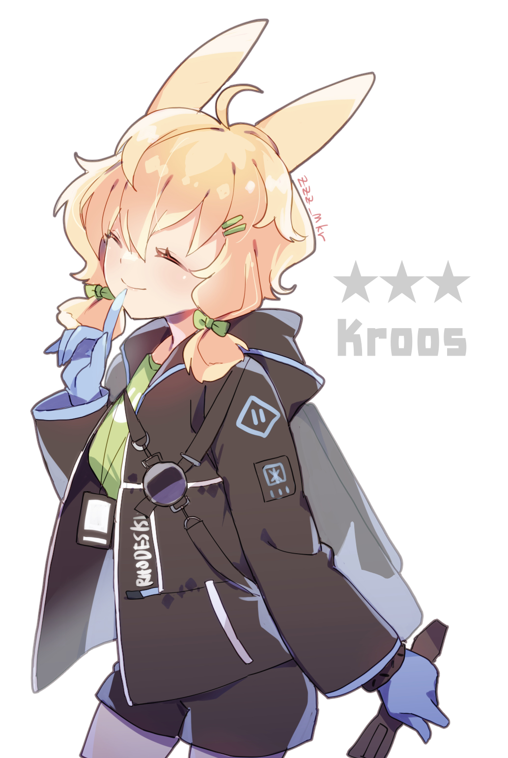 1girl ahoge animal_ears arknights black_jacket black_shorts blue_gloves bow character_name closed_eyes commentary cowboy_shot gloves green_bow green_shirt hair_bow hair_ornament hairclip highres holding hoshitabell jacket kroos_(arknights) open_clothes open_jacket orange_hair rabbit_ears shirt short_hair short_twintails shorts simple_background smile solo twintails white_background