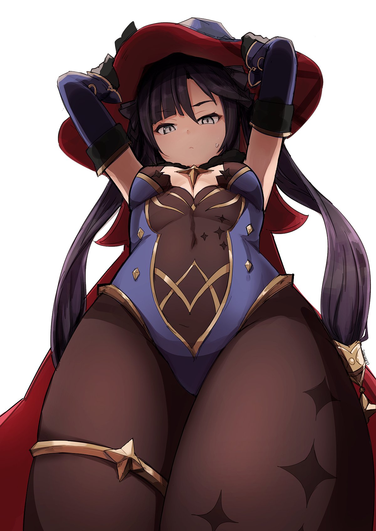 1girl armpits arms_behind_head arms_up black_gloves black_hair blue_headwear blue_leotard bodystocking breasts brown_legwear cape covered_navel detached_sleeves earrings elbow_gloves fur_collar genshin_impact gloves gold_trim green_eyes hat hat_ornament highleg highleg_leotard highres jewelry leotard long_hair looking_at_viewer medium_breasts mona_(genshin_impact) nosuku pantyhose solo star_(symbol) star_earrings thighlet thighs twintails witch_hat