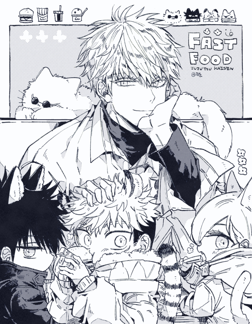 1girl 3boys animal animal_ears bangs burger cat closed_mouth copyright_name eating english_text eyelashes facial_mark food fushiguro_megumi gojou_satoru greyscale hair_between_eyes holding holding_food itadori_yuuji jacket jitome jujutsu_kaisen kugisaki_nobara kuun_(god_khunbam) long_sleeves looking_at_viewer monochrome multiple_boys open_mouth profile shirt short_hair smile tail upper_body