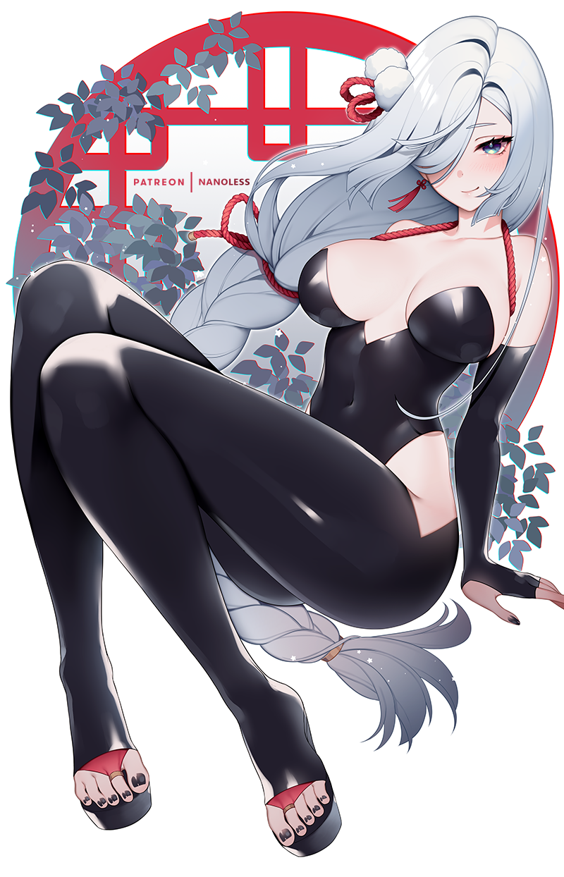 1girl artist_name bangs bare_shoulders black_legwear black_nails blue_eyes braid breasts breasts_apart collarbone commentary covered_navel elbow_gloves english_commentary fingerless_gloves full_body genshin_impact gloves hair_ornament hair_over_one_eye highres large_breasts long_hair looking_at_viewer nail_polish nanoless patreon_username shenhe_(genshin_impact) silver_hair single_braid smile solo toeless_legwear toenail_polish toenails very_long_hair