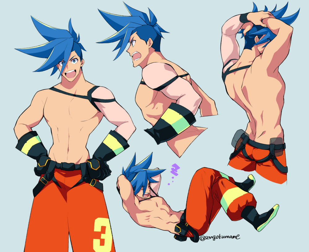 1boy abs arched_back arms_behind_head blue_eyes closed_eyes crossed_legs dimples_of_venus galo_thymos gloves grey_background hand_in_hair hands_on_hips igote looking_at_viewer looking_back male_focus mohawk pants promare simple_background sleeping smile solo soyasengoku toned toned_male topless_male