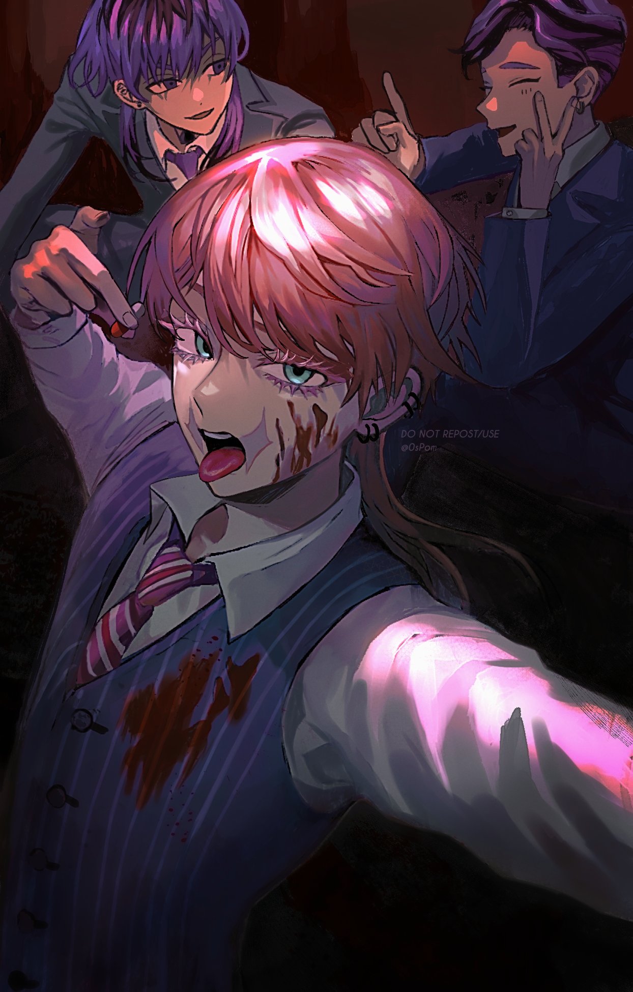 3boys ^_^ bangs black_hair blood blood_on_clothes blood_on_face blue_eyes closed_eyes collared_shirt dress_shirt earrings eyelashes formal haitani_ran haitani_rindou hand_up highres holding jacket jewelry long_hair looking_at_viewer lumian_(user_lomen) male_focus multicolored_hair multiple_boys necktie open_mouth pill pink_hair purple_hair purple_jacket purple_neckwear purple_vest sanzu_haruchiyo scar scar_on_face shirt short_hair single_earring smile suit tokyo_revengers tongue tongue_out two-tone_hair upper_body v vest white_shirt