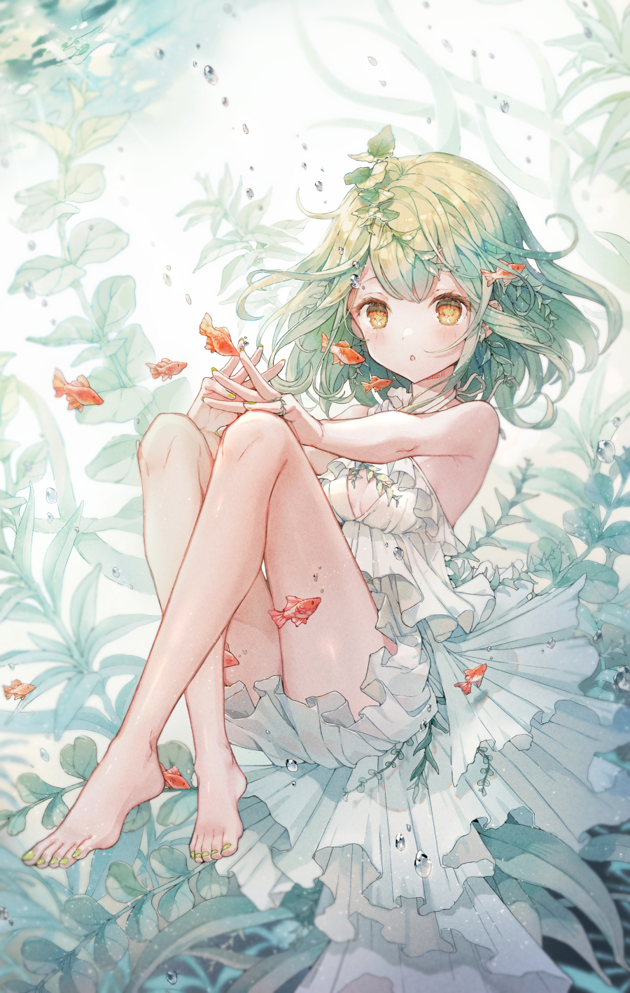 1girl :o air_bubble animal bangs barefoot blush breasts brown_eyes bubble commentary_request crossed_legs dress eyebrows_visible_through_hair fish frilled_dress frills green_hair green_nails highres knees_up nail_polish niwako original parted_lips pointy_ears sleeveless sleeveless_dress small_breasts solo toenail_polish toenails underwater water white_dress