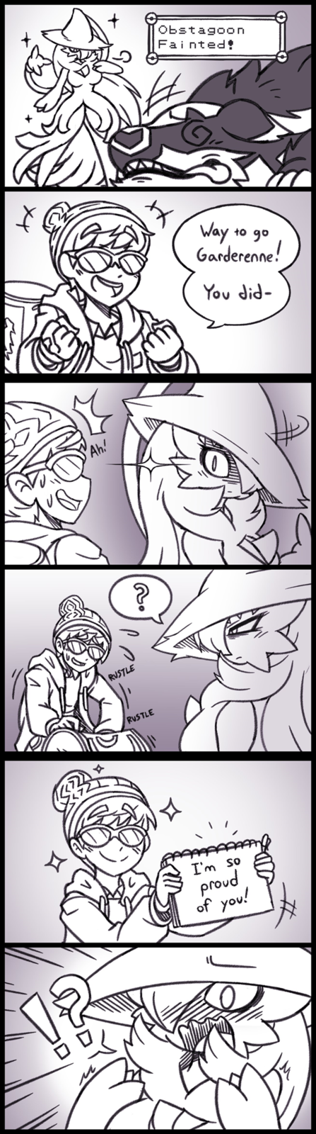 !? 1boy 1girl ? angry bag bags_under_eyes beanie blush breasts cable_knit english_text fainted fusion gardevoir glaring glasses hair_over_one_eye hat hatterene highres large_breasts looking_back narrowed_eyes notepad obstagoon open_mouth pokemon pokemon_(creature) pokemon_(game) rakkuguy speech_bubble surprised sweatdrop writing