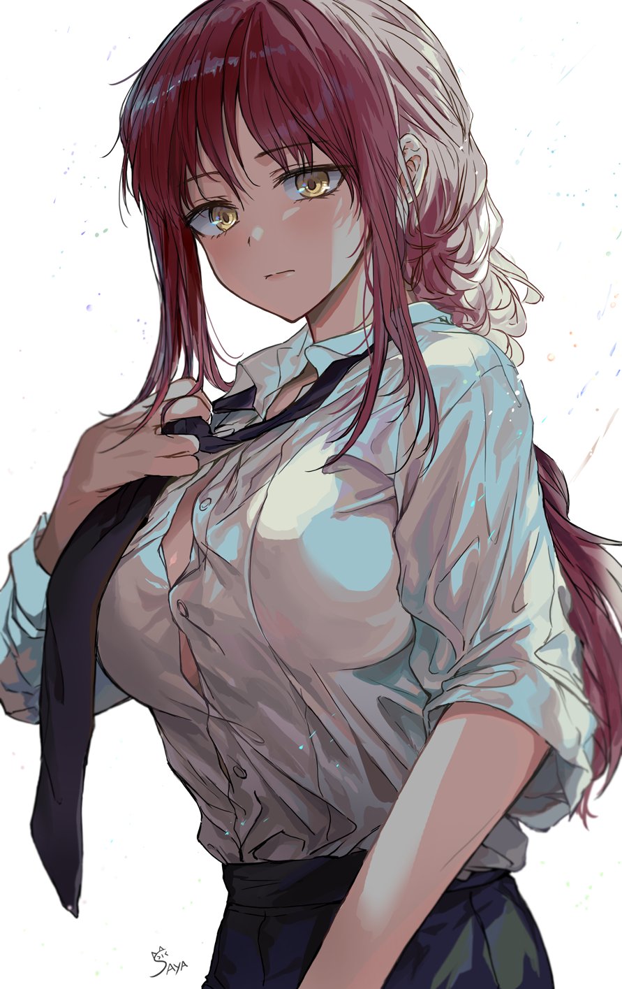 1girl adjusting_neckwear bangs black_necktie braid braided_ponytail breasts chainsaw_man closed_mouth collared_shirt commentary_request dress_shirt eyebrows_visible_through_hair hand_up highres korean_commentary large_breasts long_hair long_sleeves looking_at_viewer makima_(chainsaw_man) necktie partially_unbuttoned redhead revision saya_(mychristian2) shirt sidelocks signature simple_background solo upper_body white_background white_shirt yellow_eyes