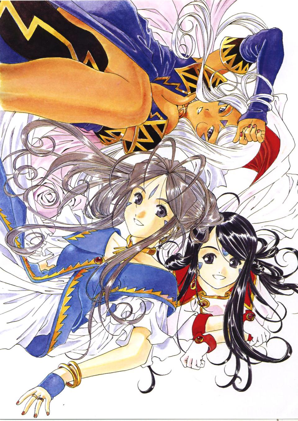 3girls aa_megami-sama bangles belldandy black_eyes black_hair dark-skinned_female facial_mark goddess gray_eyes grey_hair long_hair rings skuld_(aa_megami-sama) smile urd violet_eyes white_hair women