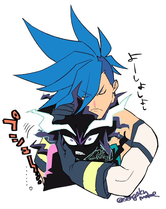 2boys angry black_gloves blue_hair closed_eyes closed_mouth comforting eyebrows_visible_through_hair eyes_visible_through_hair galo_thymos gloves igote lio_fotia male_focus multiple_boys petting promare sharp_teeth simple_background soyasengoku spiky_hair teeth upper_body white_background