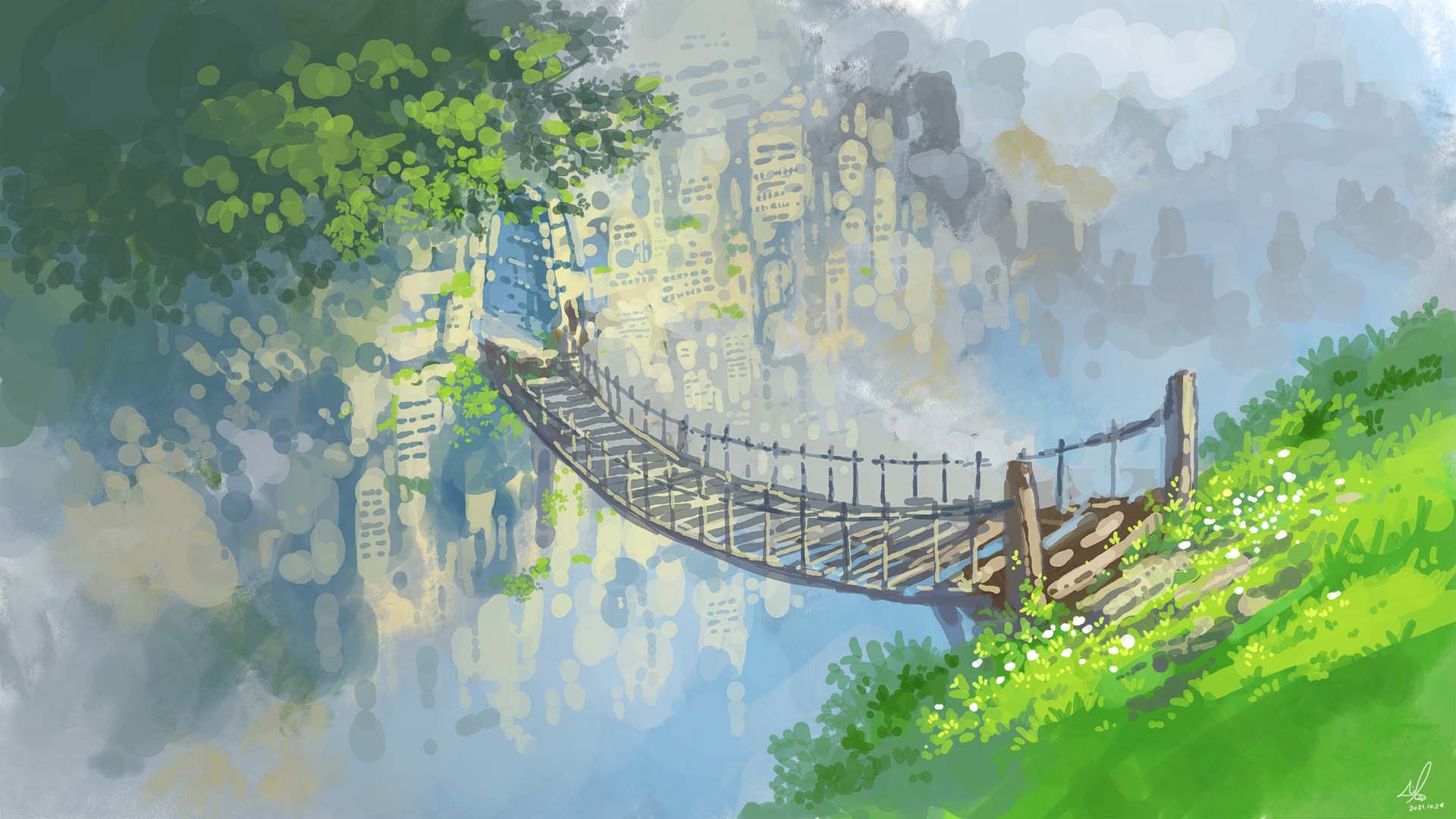 architecture blue_sky bridge building city flower grass highres home_nobi making-of_available nature original outdoors ruins scenery sky tree