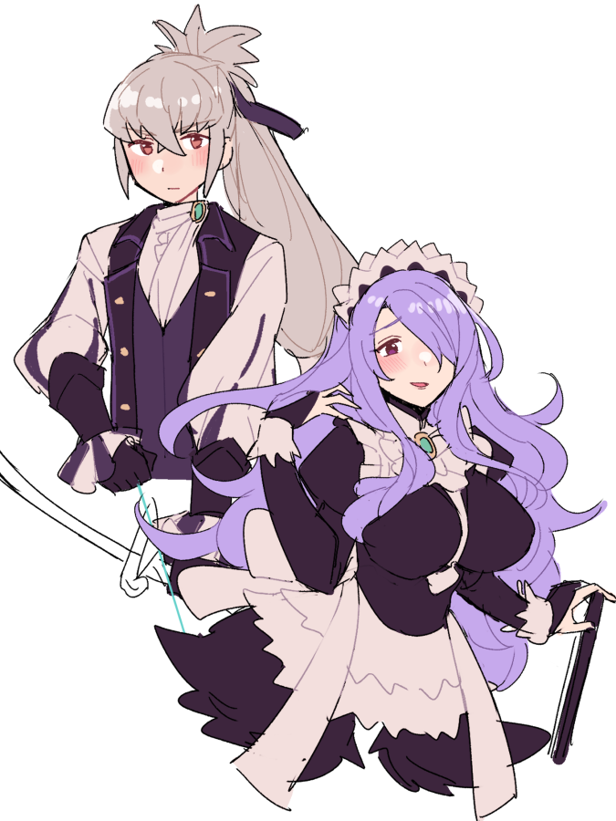 1boy 1girl adjusting_hair alternate_costume apron axe back_bow bangs black_dress black_gloves blush bow bow_(weapon) breasts bridal_gauntlets brown_eyes butler camilla_(fire_emblem) center_frills closed_mouth cosplay do_m_kaeru dress eyebrows_visible_through_hair feather_trim felicia_(fire_emblem) felicia_(fire_emblem)_(cosplay) fire_emblem fire_emblem_fates fire_emblem_warriors formal frills gloves grey_hair hair_over_one_eye hair_ribbon hand_in_hair high_ponytail holding holding_axe holding_bow_(weapon) holding_weapon jakob_(fire_emblem) jakob_(fire_emblem)_(cosplay) juliet_sleeves large_breasts long_hair long_sleeves looking_at_viewer maid maid_headdress official_alternate_costume one_eye_covered open_mouth ponytail puffy_sleeves purple_hair purple_ribbon ribbon sidelocks simple_background suit takumi_(fire_emblem) upper_body very_long_hair violet_eyes waist_apron wavy_mouth weapon white_apron white_background white_bow white_suit