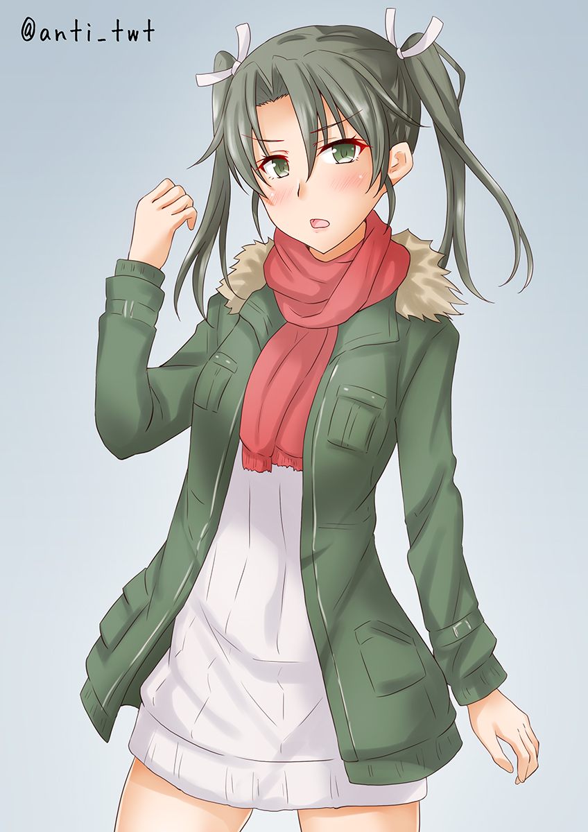 1girl anti_(untea9) blush commentary_request cowboy_shot dress eyebrows_visible_through_hair eyelashes fur_collar gradient gradient_background green_eyes green_hair green_jacket grey_background hair_ribbon highres jacket kantai_collection long_hair looking_at_viewer one-hour_drawing_challenge open_mouth partial_commentary red_scarf ribbon scarf solo twintails twitter_username white_dress white_ribbon zuikaku_(kancolle)