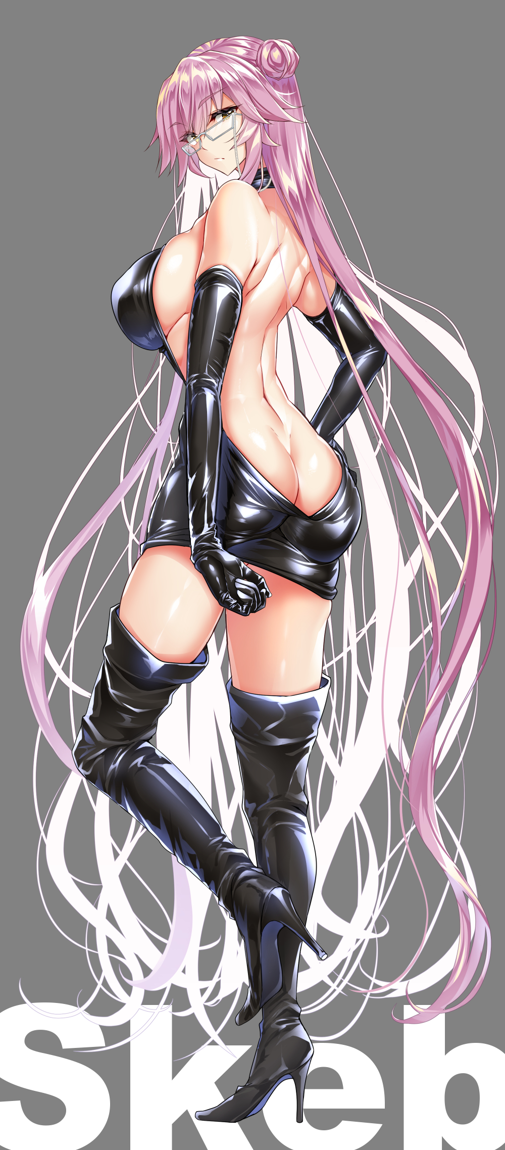 1girl ass back backless_dress backless_outfit bangs black_dress black_footwear black_gloves boots breasts butt_crack double_bun dress elbow_gloves fate/grand_order fate_(series) full_body glasses gloves hair_between_eyes high_heel_boots high_heels highres koyanskaya_(fate) large_breasts long_hair looking_at_viewer looking_back pink_hair sasakuma_kyouta sidelocks solo tamamo_(fate) thigh-highs thigh_boots very_long_hair yellow_eyes