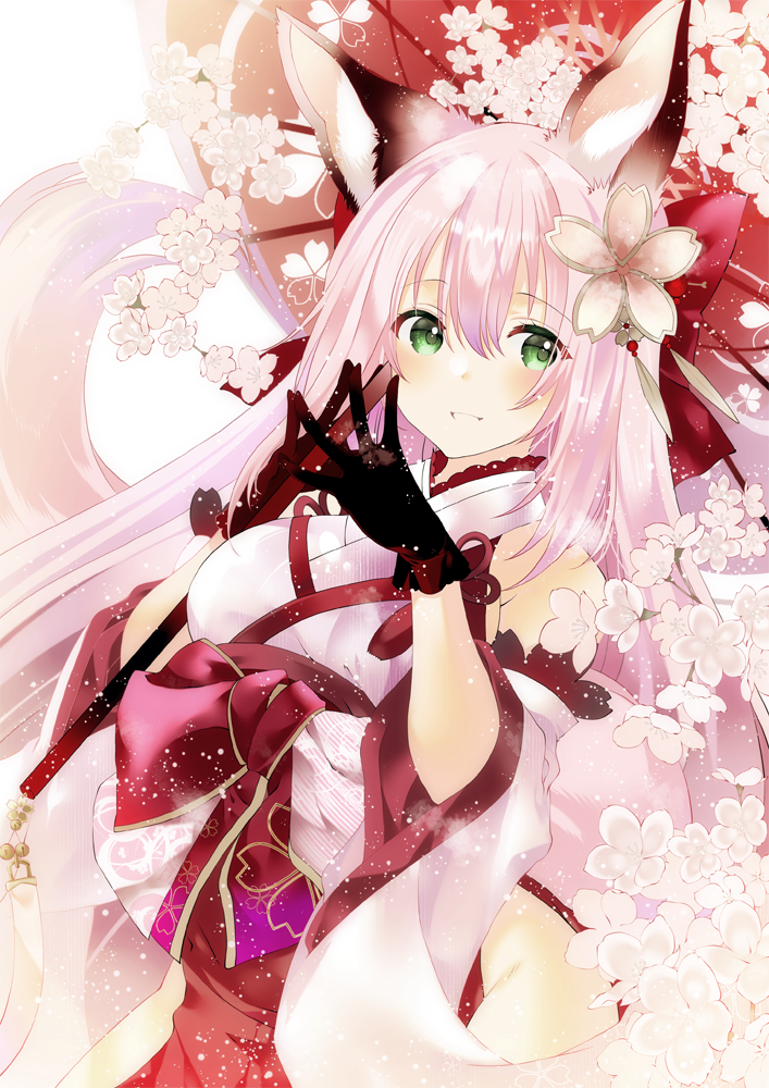 1girl animal_ear_fluff animal_ears azur_lane bangs bare_shoulders black_gloves breasts commentary_request detached_sleeves eyebrows_visible_through_hair flower fox_ears fox_girl fox_tail gloves green_eyes hair_between_eyes hakama hakama_skirt hanazuki_(azur_lane) japanese_clothes kimono long_hair long_sleeves medium_breasts moo_(umineko) oil-paper_umbrella pink_hair red_hakama red_umbrella skirt sleeveless sleeveless_kimono solo steepled_fingers tail umbrella very_long_hair white_flower white_kimono white_sleeves wide_sleeves