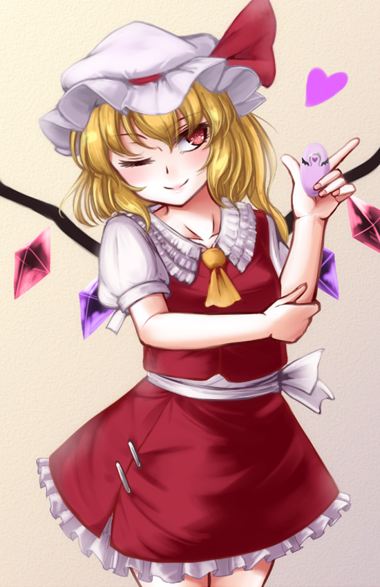1girl ascot bangs belt blonde_hair blush bow breasts brown_background closed_mouth collar collarbone collared_shirt crystal eyebrows_visible_through_hair eyes_visible_through_hair flandre_scarlet frills gradient gradient_background hair_between_eyes hand_up hat hat_ribbon heart heart_print jewelry looking_to_the_side medium_breasts mob_cap multicolored_wings one_eye_closed one_side_up pink_heart pointing puffy_short_sleeves puffy_sleeves red_eyes red_ribbon red_skirt red_vest ribbon riria_(liry_a_flower) shirt short_hair short_sleeves skirt smile solo standing touhou vest white_belt white_bow white_headwear white_shirt wings yellow_ascot yellow_background yellow_neckwear