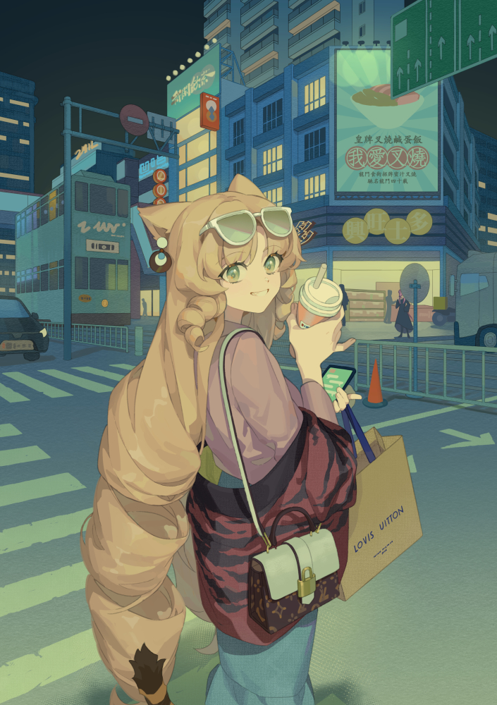1girl alternate_costume animal_ears apartment arknights bag billboard brand_name_imitation building car cat_ears cellphone chinese_commentary chinese_text city commentary_request contemporary convenience_store crosswalk cup dangle_earrings disposable_cup drill_hair drill_locks drinking_straw earrings eyewear_on_head favilia fence food grin ground_vehicle handbag holding holding_phone intersection jewelry long_hair long_skirt looking_at_viewer looking_back louis_vuitton_(brand) motor_vehicle night noodles off_shoulder outdoors phone ramen road road_sign shop shopping_bag sidelocks sign skirt skyscraper smartphone smile solo street sunglasses sweater swire_(arknights) tail text_messaging tiger_stripes tiger_tail traffic_cone traffic_light translation_request truck twintails very_long_hair