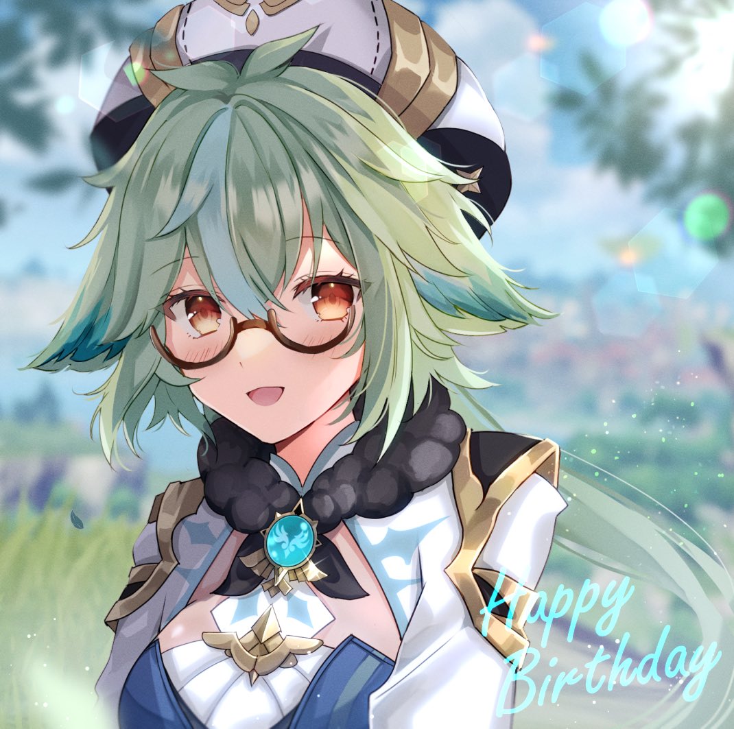 1girl animal_ears bangs birthday commentary genshin_impact gold_trim green_hair happy_birthday long_hair looking_at_viewer open_mouth orange_eyes ponytail semi-rimless_eyewear smile solo su2525 sucrose_(genshin_impact) vision_(genshin_impact) white_headwear