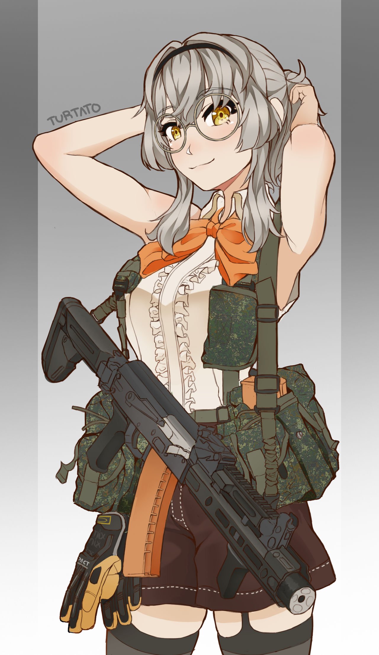 1girl adjusting_hair ak-12 ammunition_belt ammunition_pouch armpits arms_behind_head artist_name bangs black_gloves black_legwear bow bowtie brown_shorts camouflage closed_mouth frilled_shirt frills glasses gloves grey_background grey_hair hair_between_eyes headband highres kalashnikov_rifle long_hair looking_at_viewer magazine_(weapon) orange_bow orange_bowtie original ponytail pouch shirt shorts sleeveless sleeveless_shirt smile solo thigh-highs turtatoart white_shirt yellow_eyes