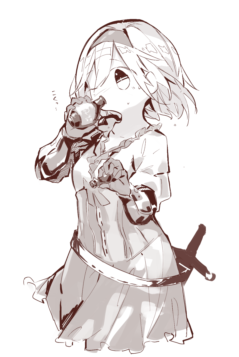 1girl bangs belt blush breasts collarbone commentary_request djeeta_(granblue_fantasy) drink drinking eyebrows_visible_through_hair flask frilled_shirt frills gloves granblue_fantasy greyscale hairband hands_up highres holding holding_flask light_blush miniskirt monochrome nose_blush one_eye_closed potion shiny shiny_hair shirt short_hair sidelocks simple_background sketch skirt small_breasts solo standing sweat sword translation_request vambraces weapon white_background yomiclone