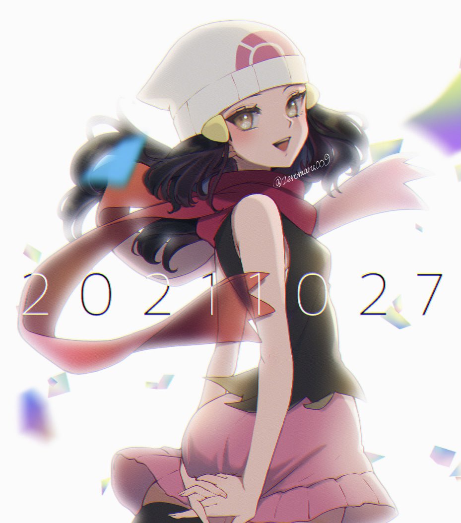 1girl :d beanie black_hair blurry blush commentary_request confetti dated eyelashes floating_hair floating_scarf from_side hair_ornament hairclip hat interlocked_fingers long_hair looking_at_viewer looking_to_the_side mokorei open_mouth own_hands_together pink_skirt platinum_berlitz pokemon pokemon_adventures red_scarf scarf shirt skirt sleeveless sleeveless_shirt smile solo teeth tongue twitter_username upper_teeth white_headwear yellow_eyes