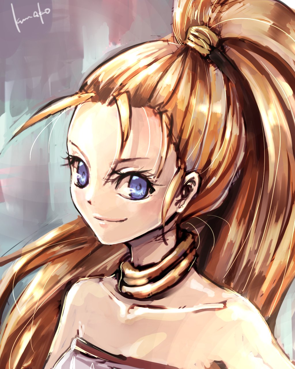 1girl bare_shoulders blonde_hair blue_eyes chrono_trigger closed_mouth highres long_hair looking_at_viewer marle_(chrono_trigger) mizuki1196 ponytail simple_background smile solo