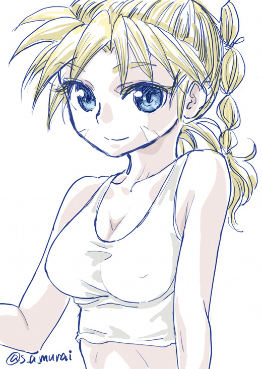 1girl blonde_hair blue_eyes breasts chrono_cross closed_mouth facial_mark high_ponytail kid_(chrono_cross) long_hair looking_at_viewer midriff multi-tied_hair ponytail s-a-murai simple_background smile solo tank_top white_background