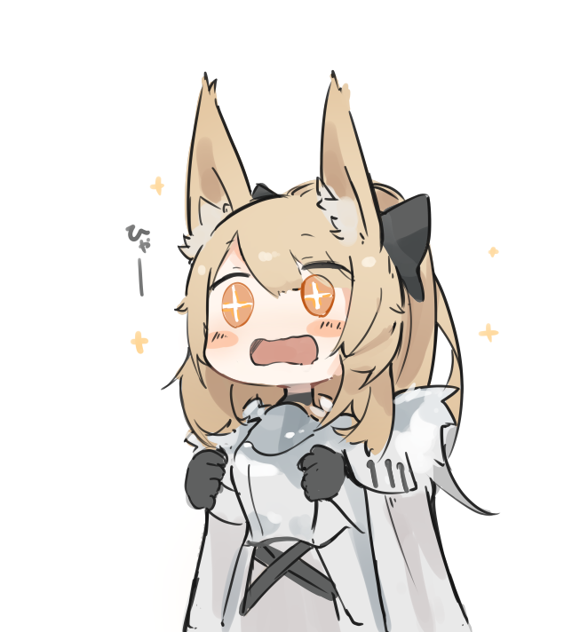 +_+ 1girl animal_ears arknights armor black_bow black_gloves blemishine_(arknights) blonde_hair blush_stickers bow chibi cloak gloves hair_bow horse_ears long_hair mikojin open_mouth orange_eyes ponytail simple_background solo upper_body white_background white_cloak