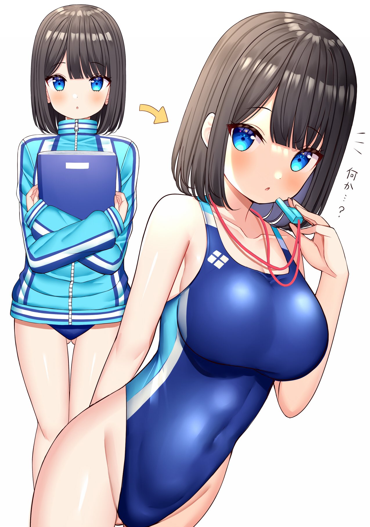 1girl arrow_(symbol) black_hair blue_eyes blue_jacket blue_swimsuit book breasts collarbone commentary_request competition_swimsuit covered_navel cowboy_shot highleg highleg_swimsuit highres jacket large_breasts logo mizukoshi_(marumi) multicolored_clothes multicolored_jacket multiple_views one-piece_swimsuit original short_hair simple_background swimsuit track_jacket translation_request whistle whistle_around_neck white_background