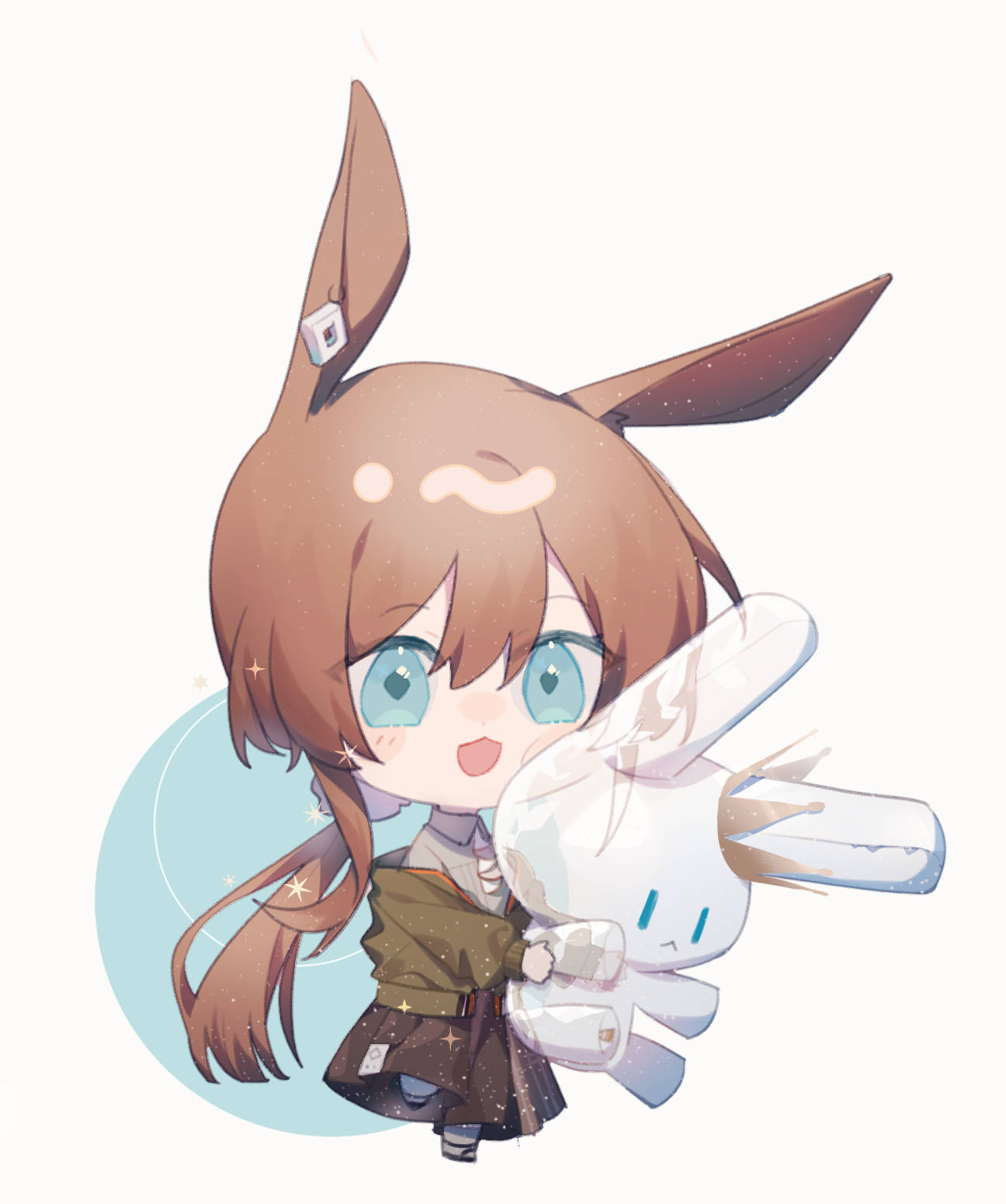 1girl :3 :d amiya_(arknights) animal_ears arknights belt blue_eyes brown_hair chibi crown ear_piercing eyebrows_visible_through_hair full_body green_jacket hair_between_eyes highres holding idass_(idass16) jacket long_sleeves off_shoulder open_mouth piercing ponytail rabbit rabbit_ears rabbit_girl scrunchie see-through simple_background smile solo sparkle standing standing_on_one_leg toy two-tone_background white_background white_legwear
