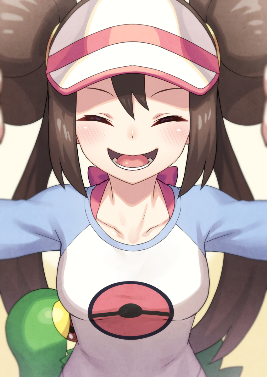 1girl :d ^_^ blush breasts brown_hair closed_eyes collarbone double_bun doughnut_hair_bun highres long_hair medium_breasts open_mouth pokemon pokemon_(game) pokemon_bw2 raglan_sleeves rosa_(pokemon) smile snivy solo_focus tokumaro twintails upper_body very_long_hair visor_cap