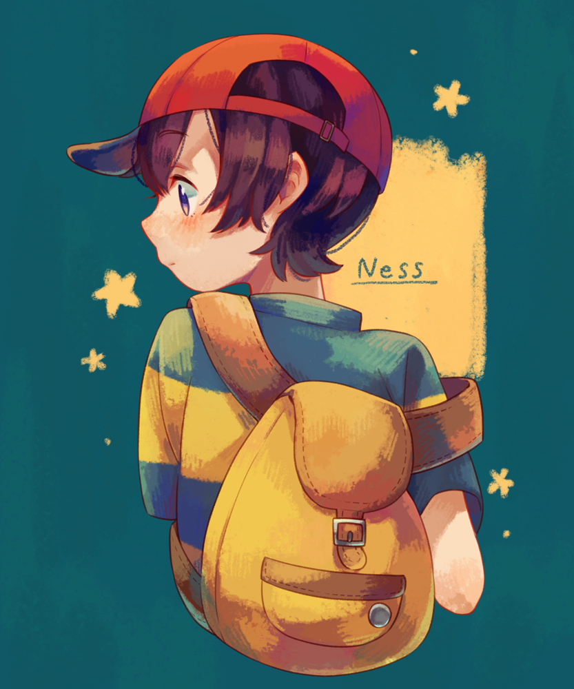 1boy backpack bag baseball_cap belt_buckle brown_hair buckle hat looking_to_the_side mother_(game) mother_2 ness_(mother_2) red_headwear shifumame shirt short_hair short_sleeves striped striped_shirt