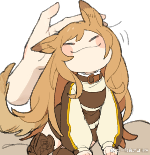1girl :3 animal_ears arknights baiwei_er_hao_ji blush boots brown_coat brown_collar brown_footwear brown_hair ceobe_(arknights) chibi closed_eyes coat collar dog_ears dog_tail headpat long_hair petting simple_background solo tail thigh-highs thigh_boots weibo_username white_background