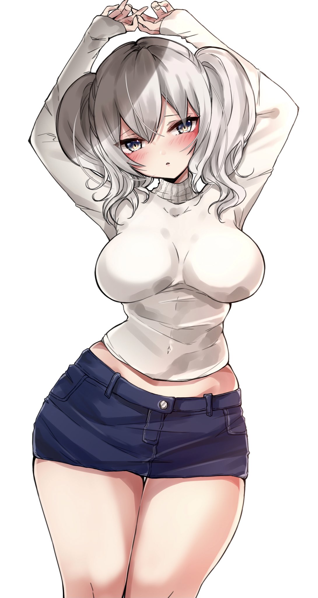 1girl alternate_costume arms_up blush breasts chigasaki_yukari denim denim_skirt highres kantai_collection kashima_(kancolle) large_breasts long_hair long_sleeves miniskirt parted_lips silver_hair simple_background skirt solo sweater turtleneck turtleneck_sweater twintails wavy_hair white_background white_sweater