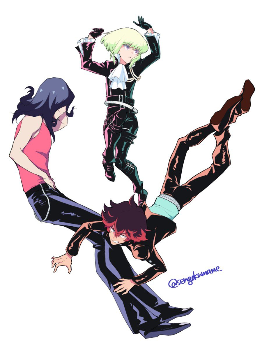 3boys ascot black_gloves blue_hair gloves green_hair gueira highres jacket leather leather_jacket lio_fotia long_hair looking_to_the_side lying male_focus meis_(promare) multiple_boys on_back on_side promare redhead sidelocks simple_background soyasengoku tank_top violet_eyes white_background