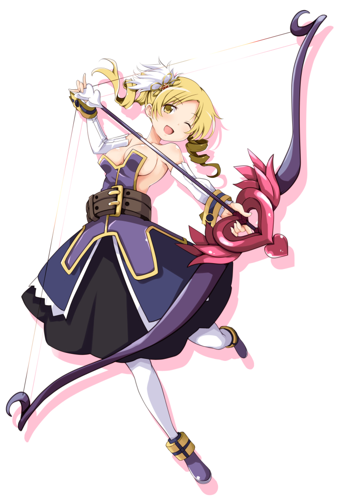 1girl archer_(disgaea) archer_(disgaea)_(cosplay) blonde_hair blush bow breasts cosplay disgaea drill_hair eyebrows_visible_through_hair hair_ornament hairpin iwashi_dorobou_-r- large_breasts looking_at_viewer magical_girl mahou_shoujo_madoka_magica open_mouth pleated_skirt skirt smile solo tomoe_mami twin_drills weapon yellow_eyes