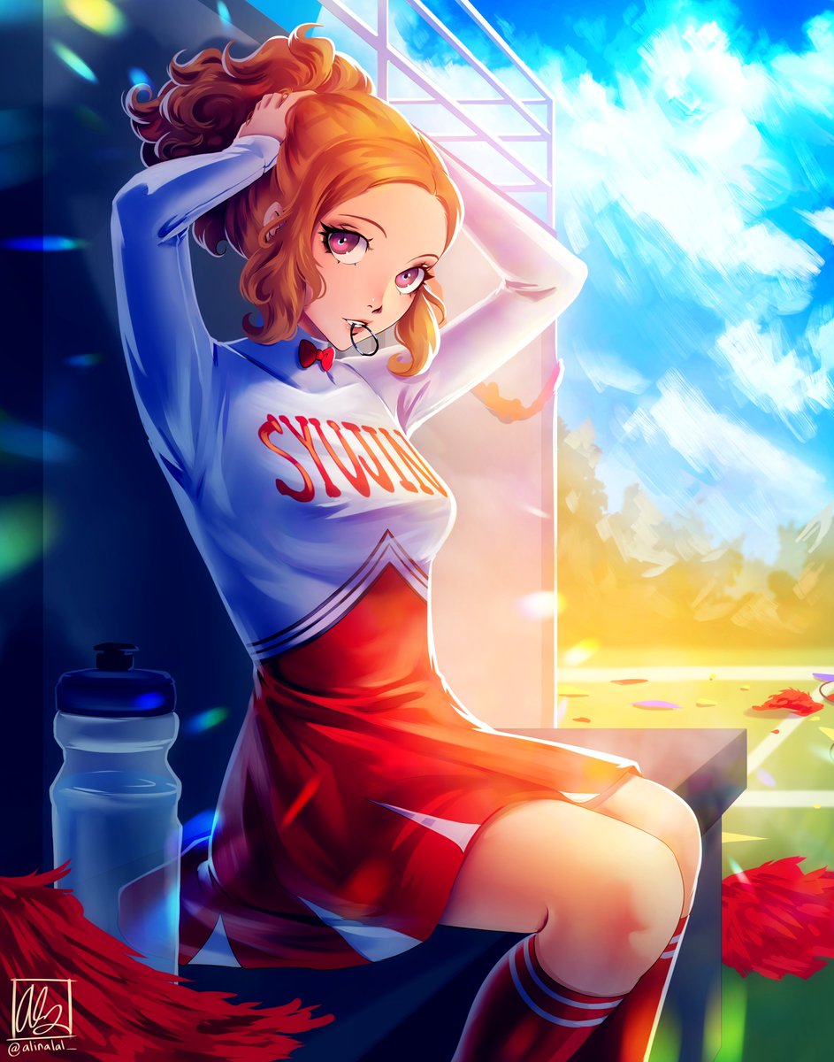 1girl alina_l alternate_costume bottle bow breasts cheerleader clouds english_commentary forehead hair_behind_ear hair_tie_in_mouth highres holding holding_hair looking_to_the_side mouth_hold okumura_haru orange_hair orange_skirt persona persona_5 pom_pom_(cheerleading) red_bow short_hair skirt sky small_breasts solo tying_hair violet_eyes water_bottle