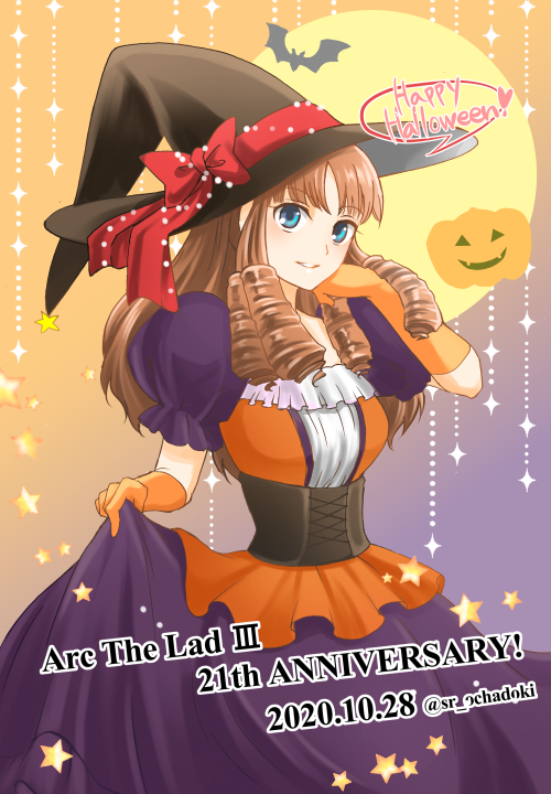 1girl anrietta_rochefort breasts brown_hair closed_mouth curly_hair dress gloves happy_halloween long_hair looking_at_viewer smile solo