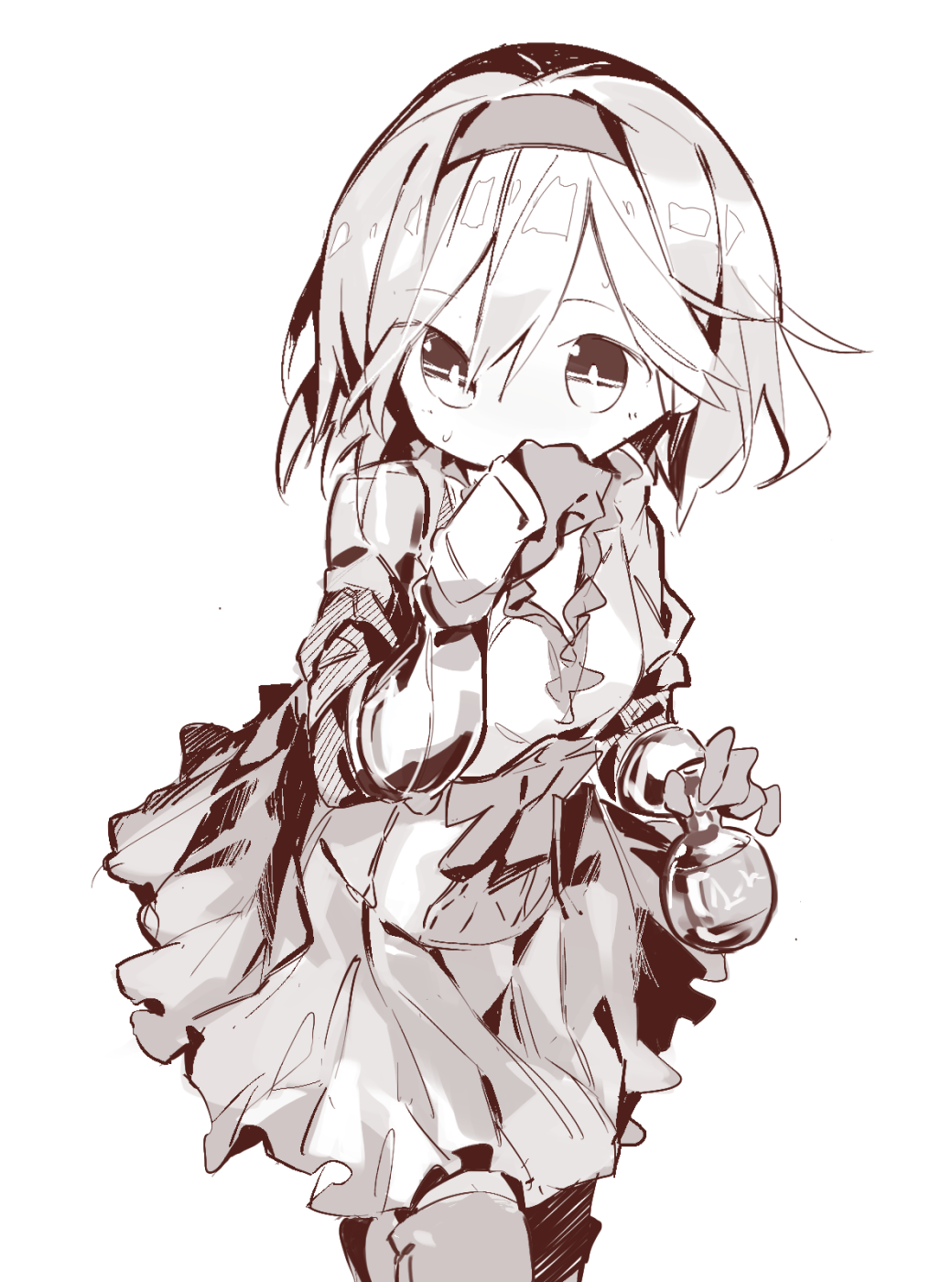 1girl blush bow breasts clenched_hand commentary_request covering_mouth djeeta_(granblue_fantasy) flask frilled_shirt frills gloves granblue_fantasy greyscale hairband hands_up have_to_pee highres holding holding_flask leg_up light_blush looking_at_viewer miniskirt monochrome potion shiny shiny_hair shirt short_hair simple_background sketch skirt small_breasts solo standing standing_on_one_leg sweat thigh-highs vambraces white_background yomiclone