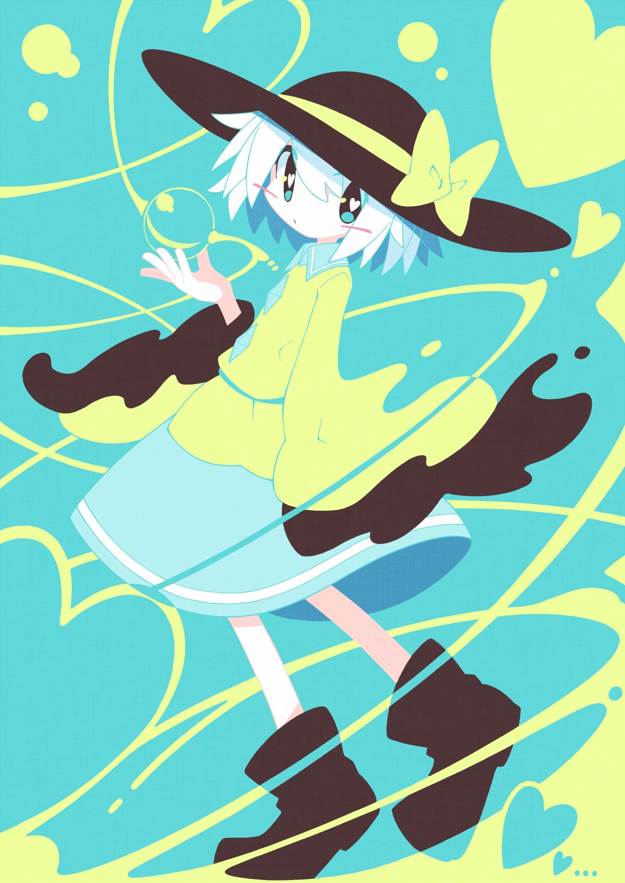 1girl aqua_background aqua_skirt asameshi bangs black_footwear black_headwear blush_stickers boots bow full_body hand_up hat hat_bow heart heart-shaped_pupils heart_of_string highres komeiji_koishi long_sleeves looking_at_viewer shirt short_hair skirt solo symbol-shaped_pupils third_eye touhou white_hair wide_sleeves yellow_bow yellow_shirt