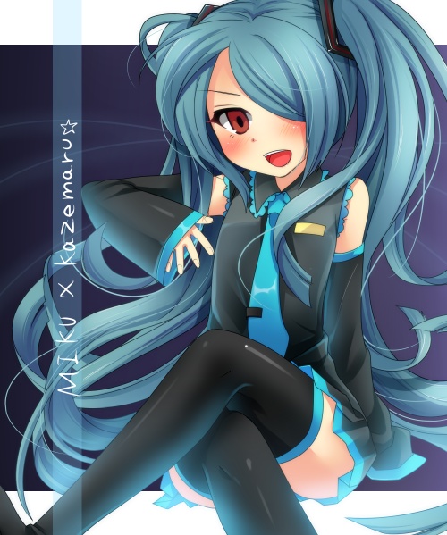 androgynous blue_hair cosplay crossed_legs hair_over_one_eye hatsune_miku hatsune_miku_(cosplay) inazuma_eleven kazemaru_ichirouta male sitting solo thighhighs trap vocaloid