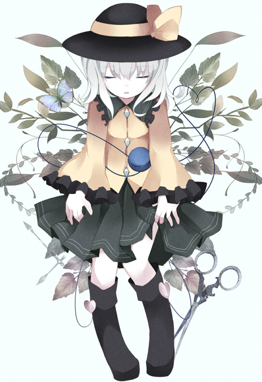 1girl butterfly closed_eyes hat komeiji_koishi long_sleeves nekokyu scissors shirt silver_hair skirt solo third_eye touhou vines wide_sleeves