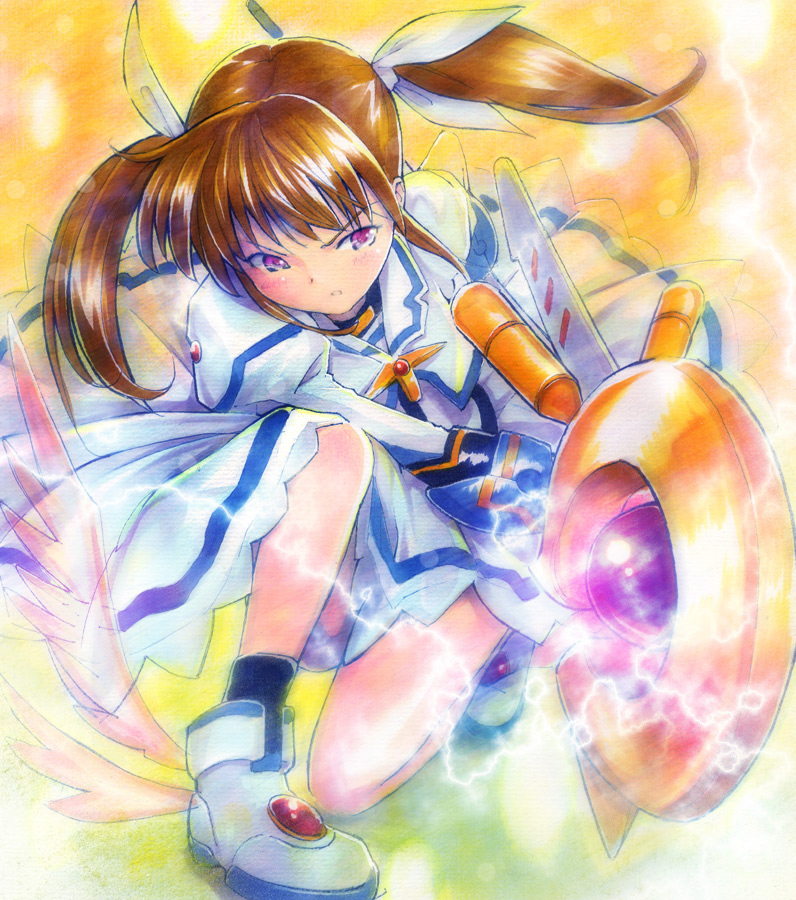 boots brown_hair foreshortening hair_ribbon magic mahou_shoujo_lyrical_nanoha mahou_shoujo_lyrical_nanoha_the_movie_1st marker_(medium) mayo_riyo pastel_(medium) purple_eyes raising_heart ribbon socks takamachi_nanoha traditional_media twintails violet_eyes wings