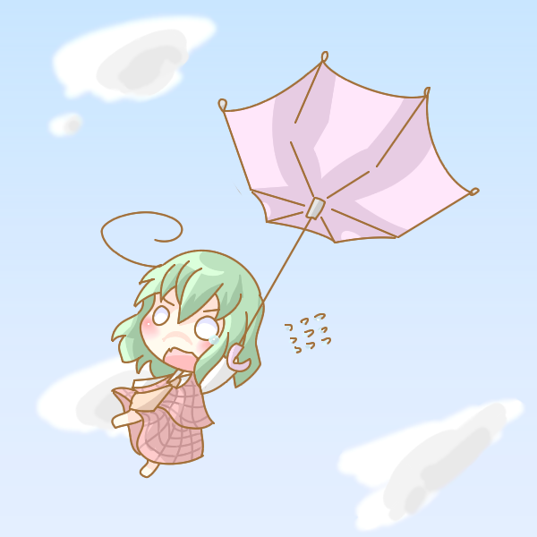 chibi cloud clouds doromizu fang green_hair kazami_yuuka necktie o_o plaid plaid_skirt plaid_vest red_eyes skirt skirt_set sky teardrop tears touhou umbrella umbrella_riding wind