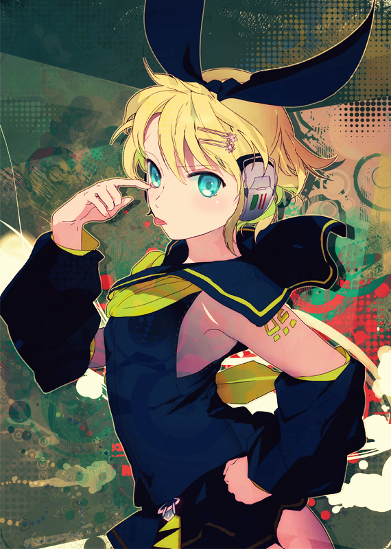 :p bad_id blonde_hair detached_sleeves hair_ornament hair_ribbon hairclip headphones kagamine_rin ribbon short_hair skirt solo tongue vocaloid zis