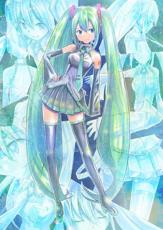 boots detached_sleeves green_eyes green_hair hand_on_hip hatsune_miku headset legs long_hair marker_(medium) mayo_riyo necktie pastel_(medium) pleated_skirt skirt smile standing thigh-highs thigh_boots thighhighs traditional_media twintails very_long_hair vocaloid zettai_ryouiki