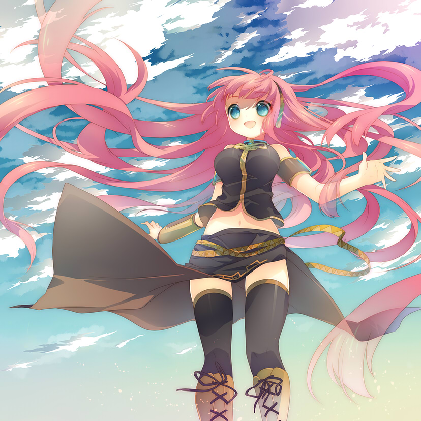 blue_eyes boots breasts happy large_breasts long_hair megurine_luka midriff pink_hair sky thigh-highs thighhighs vocaloid wind_lift yamiko yamiya