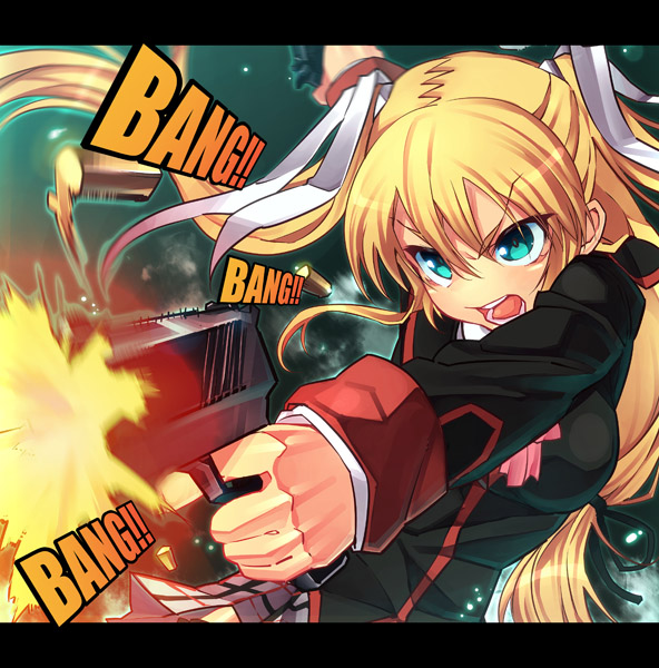 blonde_hair blue_eyes casing_ejection firing gun handgun is_ii little_busters! little_busters!! long_hair muzzle_flash pistol shell_casing solo tokido_saya twintails weapon