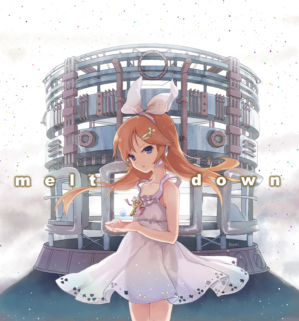 blonde_hair blue_eyes dress floating_object hair_ornament hair_ribbon hairclip kagamine_rin kagamine_rin_(roshin_yuukai) key outstretched_hand radiation_symbol ribbon roshin_yuukai_(vocaloid) solo structure sundress vocaloid wind