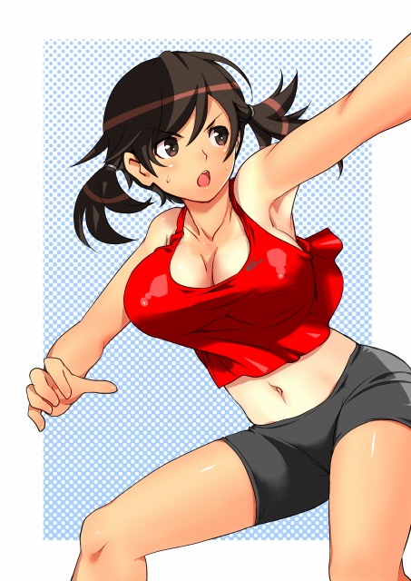 bad_id bare_shoulders bike_shorts breasts brown_eyes brown_hair cleavage face fujisawa_takashi midriff navel open_mouth original short_hair short_twintails solo tan tank_top tanline twintails