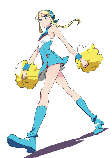 blonde_hair blue_eyes boots cheerleader foreshortening hairband heroman legs lina_(heroman) lina_davis mebae minidress pom_poms solo twintails walking