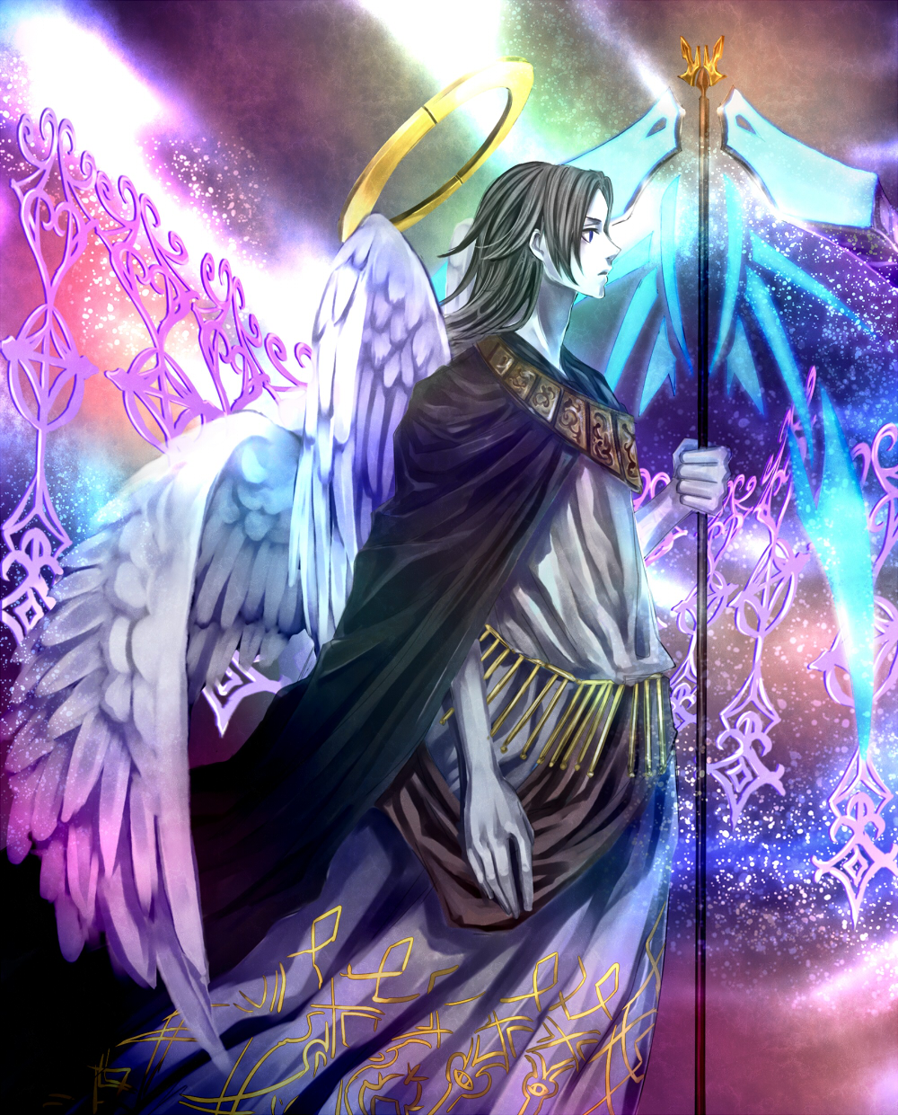 advent-lezard angel black_hair gate halo male original pale_skin robe staff wings
